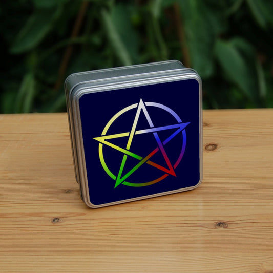 Illustration of a pentagram which is multi-coloured, starting white at the top, then clockwise through blue, red, green and yellow. The background is dark blue.