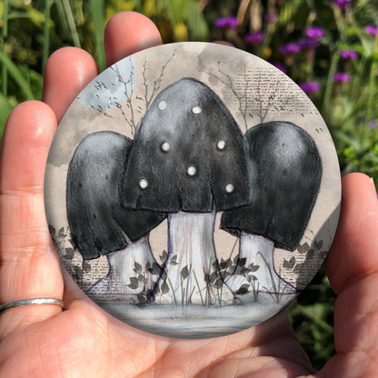 A cluster of toadstools with black caps. The cap of the centre toadstool has white spots. They're surrounded by the silhouettes of leafy plants, and a mist lies low on the ground. Above them a silvery full moon shines, and a flock of birds flies across. The background is a mottled beige.