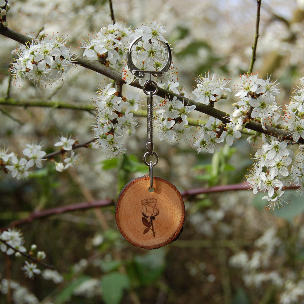 Real Wood Keyring and Card - Love - Rose