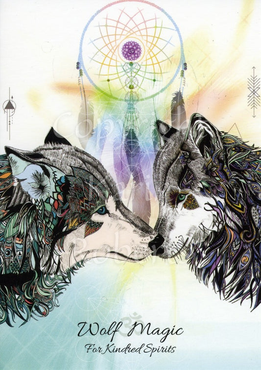 An illustration of the heads of two grey wolves facing each other, noses touching. Their fur incorporates colourful but subtle geometric and leaf shapes. A dreamcatcher hangs in the background above them, and ‘Wolf Magic - For Kindred Spirits is inscribed below.