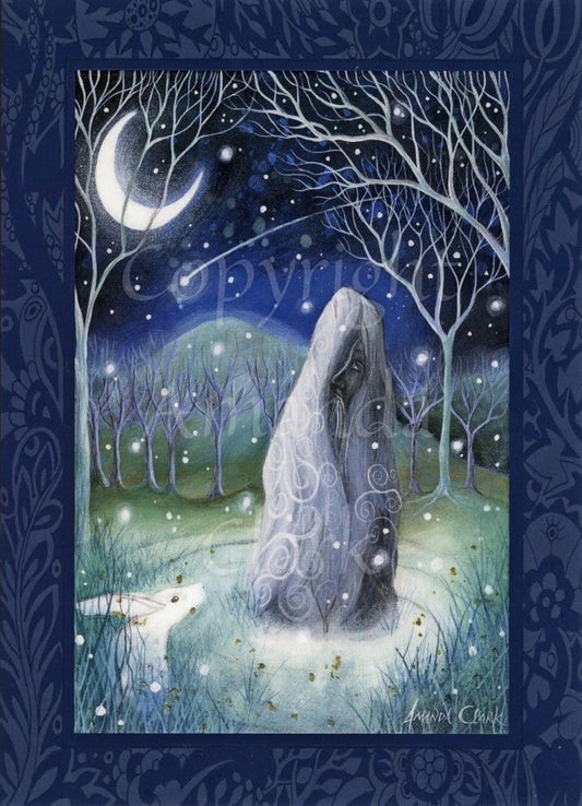 An upright standing stone sits in a clearing surrounded by trees.  A male figure appears to be enfolded within the stone; just his face peers out, looking upward towards a crescent moon shining in the night sky. The area around the base of the stone appears to glow. A white hare sits in grass bottom left, and bare trees stand all around and in the background. The overall colours are blue and green.