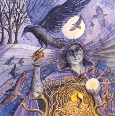 Image description: Older lady holding an apple for a crow to take in one hand, and a glowing sphere in the other. Background is autumnal with more crows in flight and a purple theme. A hare in a glowing tunnel of trees passes through the lady.