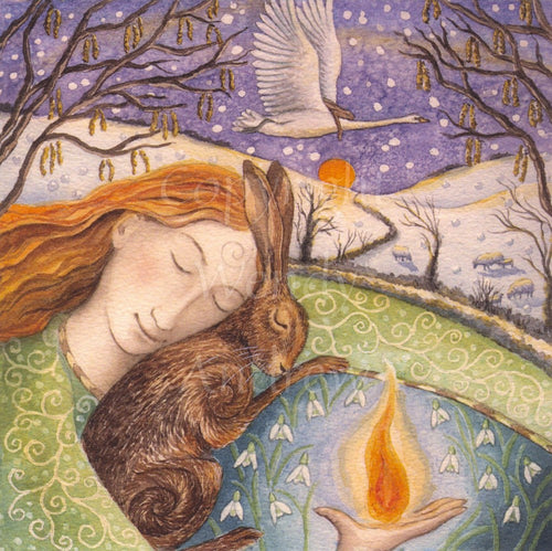 A woman with long red hair and a green dress sleeps while cuddling a sleeping brown hare. At the bottom, a flame rises from the palm of an upturned hand. In the background are snowy hills, Hazel catkins, and a sun rising over the horizon. A white swan with a sleeping hare on its back flies overhead.