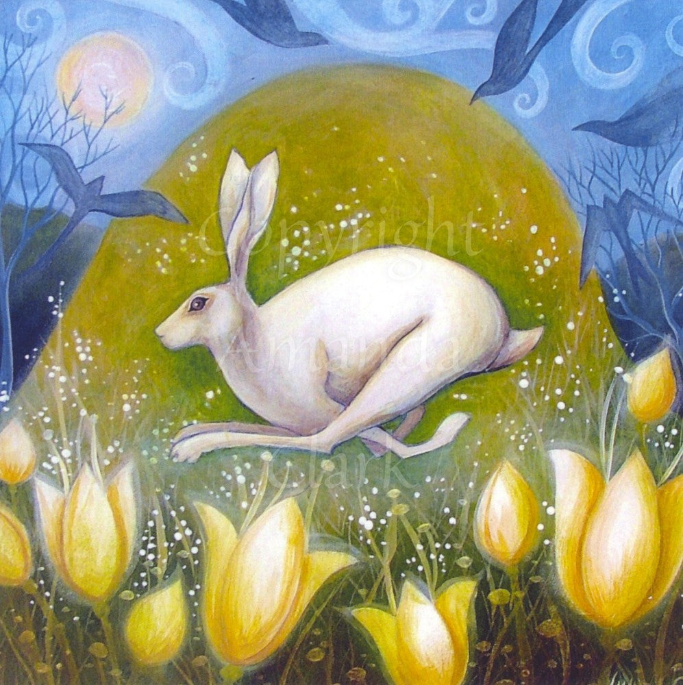 A white hare runs at full speed across the design, front legs under belly and back legs under head, in front of a steep grassy hill. Large yellow flowers dominate the design at the front, and birds (Swifts) fly all around. A pale yellow sun shines overhead.