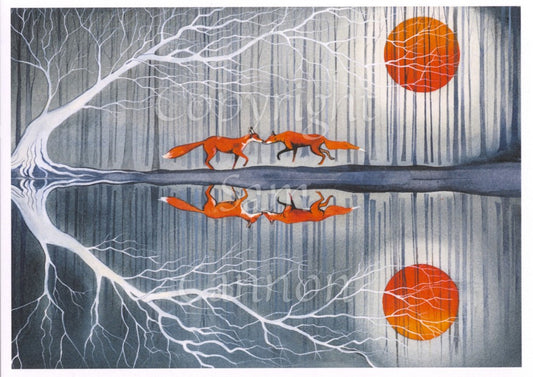 Two red foxes meet across a narrow spit of land in winter, their noses touching. A deep red sun glows from behind tall bare trees, and a pale-coloured tree leans from the left, across the centre of the image, over the foxes. The scene is reflected perfectly in the still water below and in the foreground, filling the lower half of the design. Colours are greys and reds.