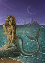 A mermaid leans on a rock, using her arms to hold herself clear of the water. She's on the shoreline, and is looking over her shoulder, across the teal-coloured sea, towards a rocky island with tall, pointed buildings on top. The sky is purple, and a crescent moon and flying seabirds are visible. The mermaid is naked with a teal fish tail, curled up towards her back. There's silver jewellery draped around her body, and she has seashells in her long hair.