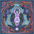 A raven stands behind a purple Goddess figure, its huge wings folded down her sides. She stands in the centre of a ring. Ravens fly around the inside of the ring, with each aspect of the triple moon also present. There's a Celtic knot in each corner. Colours are purple, red, and blue.