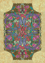 A complex and colourful Celtic design which includes four Celtic circle designs inside a central rectangle of mostly blues, reds, pinks and browns, surrounded by a dark beige background. Four beige Celtic patterns, one in each corner of the design, overlap the central rectangle.