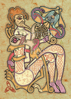 A bearded man drawn in Celtic style dominates the design. He is seated on the ground, knees up, facing to the right. Wrapped around him, with its head held upwards in front of the man, is an animal. The head is very large, about the size of the man's head and torso, and shaped like the head of an insect. The eye sockets resemble the bodies of birds, and the neck is a Celtic knot. Colours are browns, cream, pinks and purples.