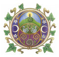 A circular design on a white background featuring the Chalice Well (Vesica Pisces) symbol inside a circle of ivy leaves. Glastonbury Tor, the sun rising behind the tower against a blue sky, nestles inside the upper circle of the symbol, with two swans in the area where the two circles join. An ammonite is inside the lower circle, against a maroon background. To the left and right are two opposing crescent moons, and small white flowers.