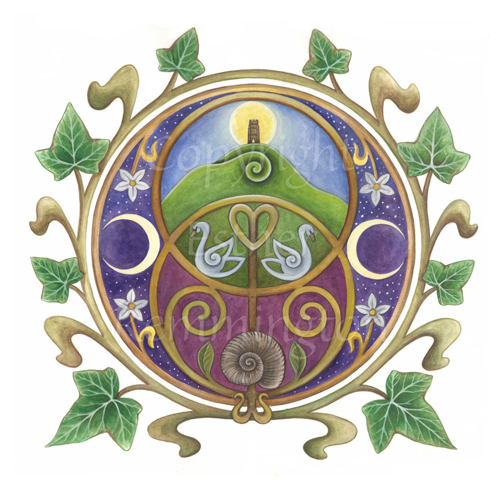 A circular design on a white background featuring the Chalice Well (Vesica Pisces) symbol inside a circle of ivy leaves. Glastonbury Tor, the sun rising behind the tower against a blue sky, nestles inside the upper circle of the symbol, with two swans in the area where the two circles join. An ammonite is inside the lower circle, against a maroon background. To the left and right are two opposing crescent moons, and small white flowers.