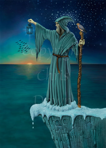A man in a long teal robe with pointed hood and sleeves and a brown leather belt stands in snow on a cliff edge. He faces to the left and out to sea. In his right hand he holds a lantern, the light within shaped like a six-pointed star. In his left hand he holds a wooden staff, with a bird perched on top. It's dusk or dawn, the sun can be seen just rising - or falling - on the horizon, creating an orange glow in the sky. A flock of birds fly to the left. Stars shine in the sky behind him.