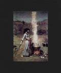 A woman walks barefoot around a metal firepit with a fire burning brightly underneath. She holds a sickle-shaped tool in the hand nearest the fire, and a long black pole, pointing outwards and touching the ground, in the other. The stick is creating a low burning circle of fire as she walks around the fire. The woman has long black hair and is wearing a long blue-grey dress. Ravens sit on the outside of the circle, and caves and rocks can be seen in the background. 