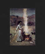 A woman walks barefoot around a metal firepit with a fire burning brightly underneath. She holds a sickle-shaped tool in the hand nearest the fire, and a long black pole, pointing outwards and touching the ground, in the other. The stick is creating a low burning circle of fire as she walks around the fire. The woman has long black hair and is wearing a long blue-grey dress. Ravens sit on the outside of the circle, and caves and rocks can be seen in the background. 
